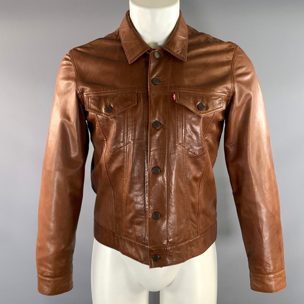 LEVI STRAUSS Size M Brown Mahagony Grain Leather Trucker Jacket